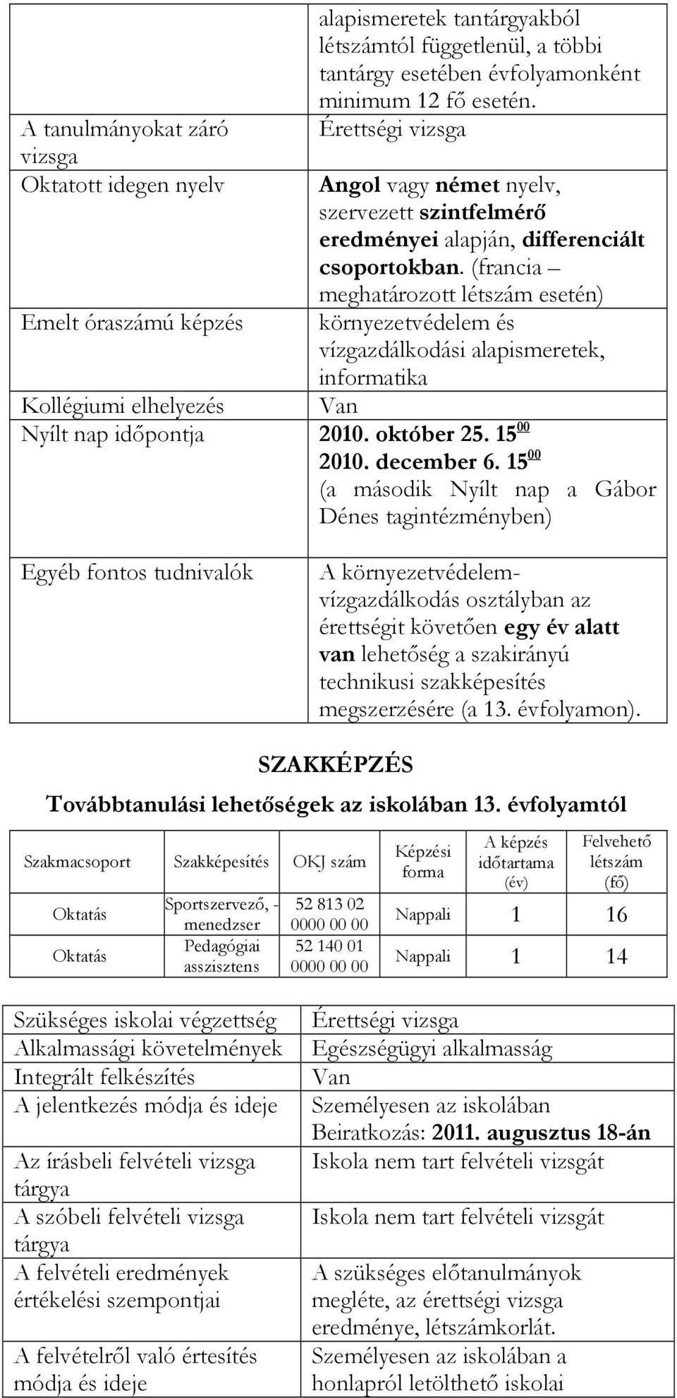 (francia meghatározott létszám esetén) környezetvédelem és vízgazdálkodási alapismeretek, informatika Kollégiumi elhelyezés Van Nyílt nap időpontja 2010. október 25. 15 00 2010. december 6.