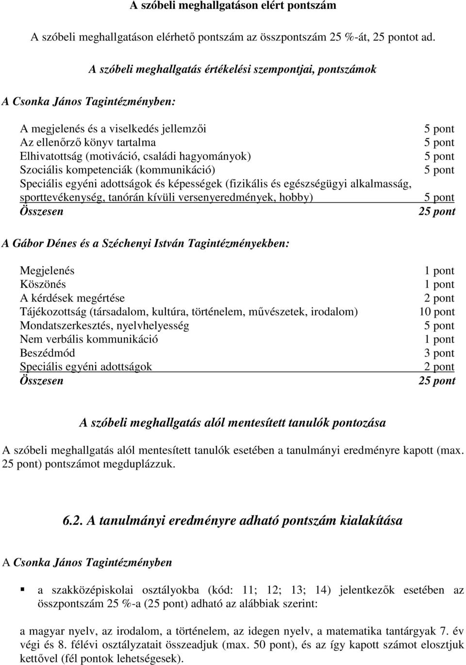 hagyományok) Szociális kompetenciák (kommunikáció) Speciális egyéni adottságok és képességek (fizikális és egészségügyi alkalmasság, sporttevékenység, tanórán kívüli versenyeredmények, hobby)