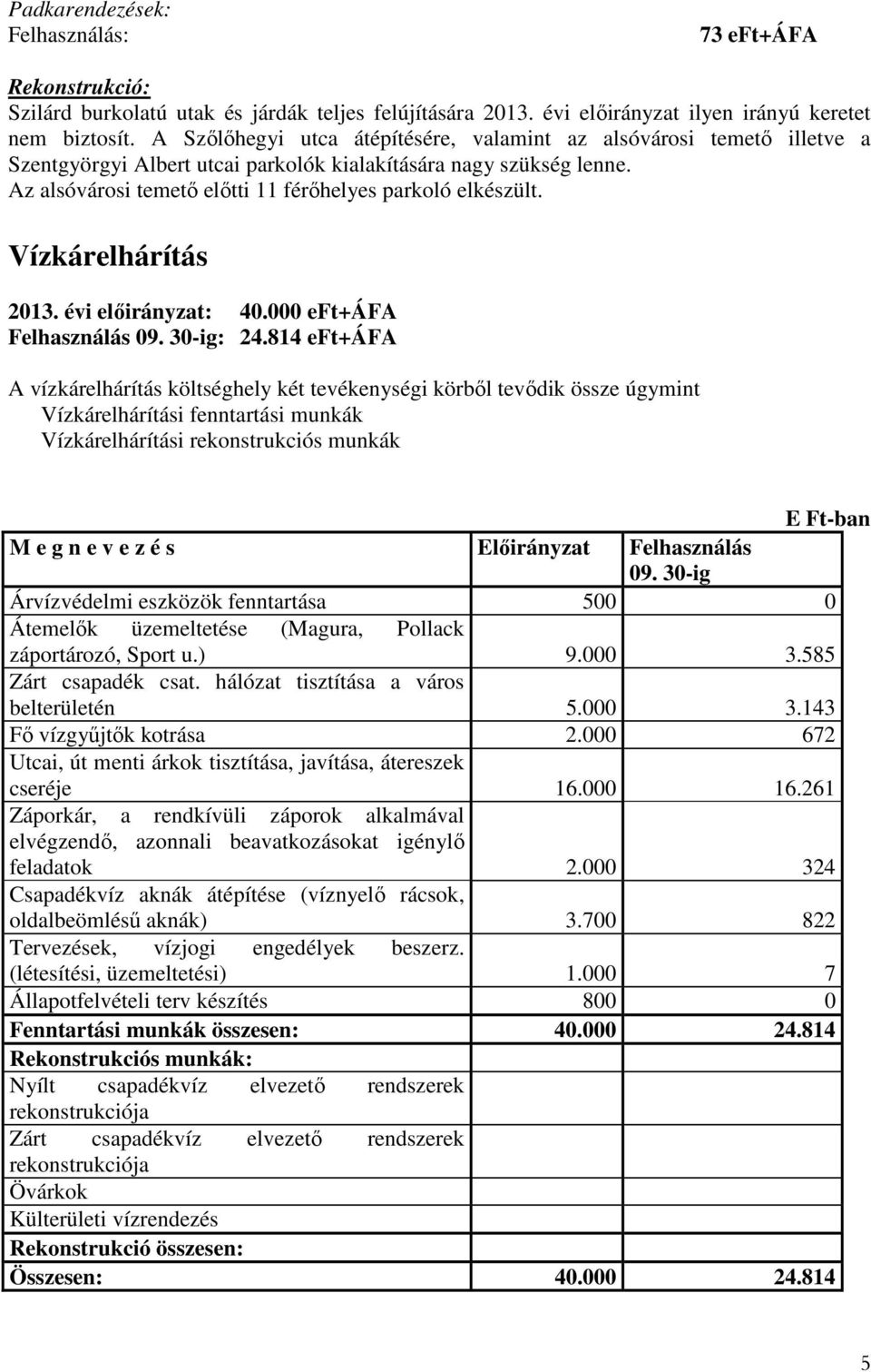 Vízkárelhárítás 2013. évi elıirányzat: 40.000 eft+áfa Felhasználás : 24.