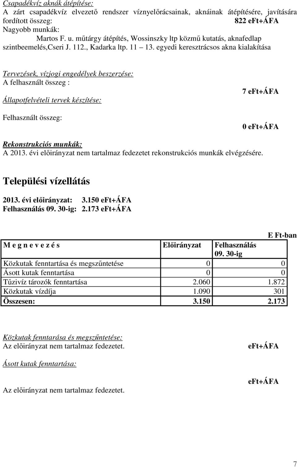 egyedi keresztrácsos akna kialakítása Tervezések, vízjogi engedélyek beszerzése: A felhasznált összeg : Állapotfelvételi tervek készítése: Felhasznált összeg: 7 eft+áfa 0 eft+áfa Rekonstrukciós