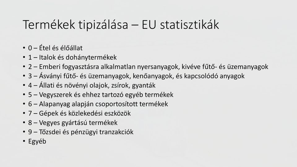 anyagok 4 Állati és növényi olajok, zsírok, gyanták 5 Vegyszerek és ehhez tartozó egyéb termékek 6 Alapanyag