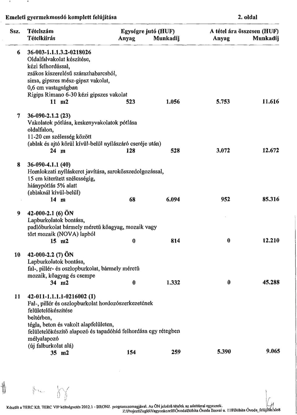 11 m2 523 1.056 5.753 11.616 7 36-090-2.1.2 (23) Vakolatok pótlása, keskenyvakolatok pótlása oldalfalon, 11-20 cm szélesség között (ablak és ajtó körül kívül-belül nyílászáró cseréje után) 24 m 128 528 3.