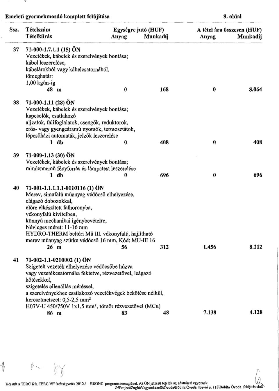 11 (28) ÖN Vezetékek, kábelek és szerelvények bontása; kapcsolók, csatlakozó aljzatok, falifoglalatok, csengők, reduktorok, erős- vagy gyengeáramú nyomók, termosztátok, lépcsőházi automaták jelzők