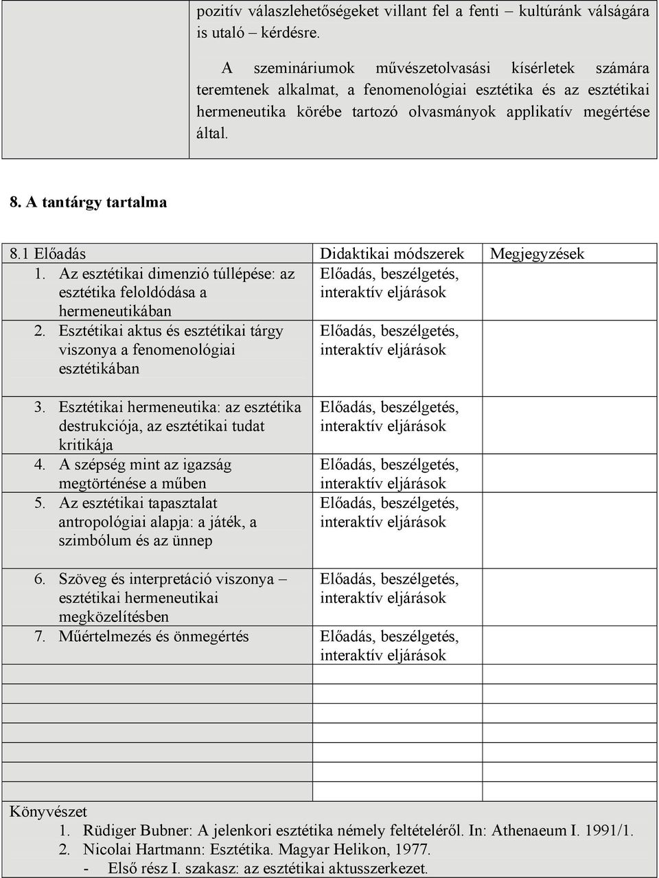 A tantárgy tartalma 8.1 Előadás Didaktikai módszerek Megjegyzések 1. Az esztétikai dimenzió túllépése: az esztétika feloldódása a hermeneutikában 2.