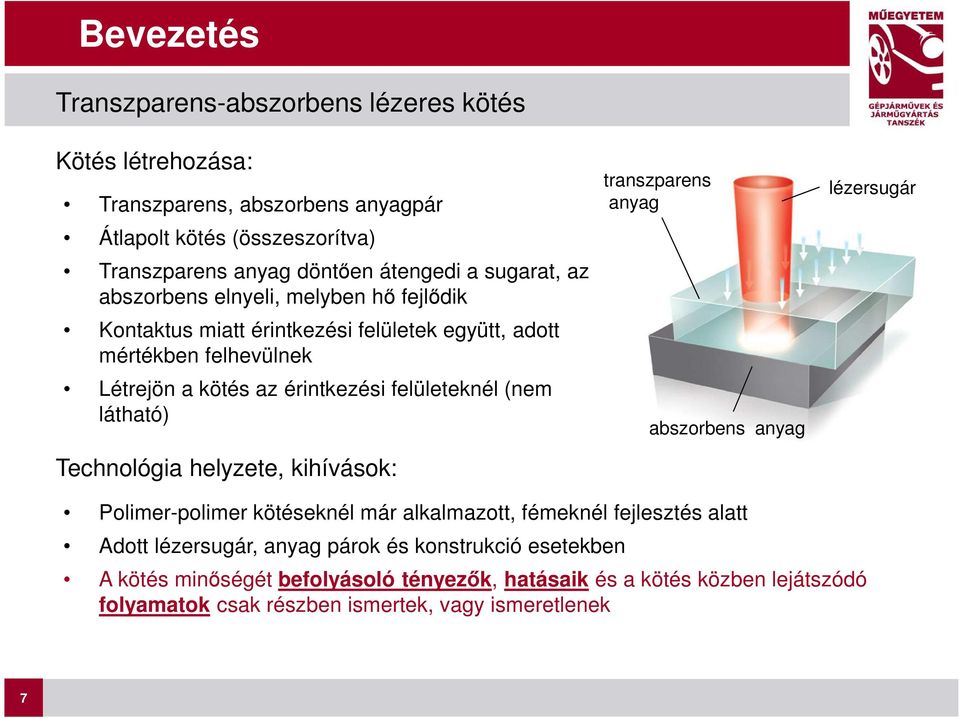 (nem látható) Technológia helyzete, kihívások: transzparens anyag abszorbens anyag lézersugár Polimer-polimer kötéseknél már alkalmazott, fémeknél fejlesztés alatt Adott