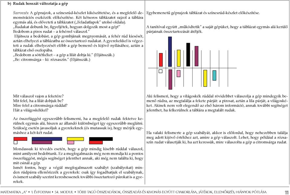 Bedobom a piros rudat a fehérrel válaszol. Eljátssza a bedobást, a gép gombjának megnyomását, a fehér rúd kiesését, aztán elhelyezi a táblázatba az összetartozó rudakat.