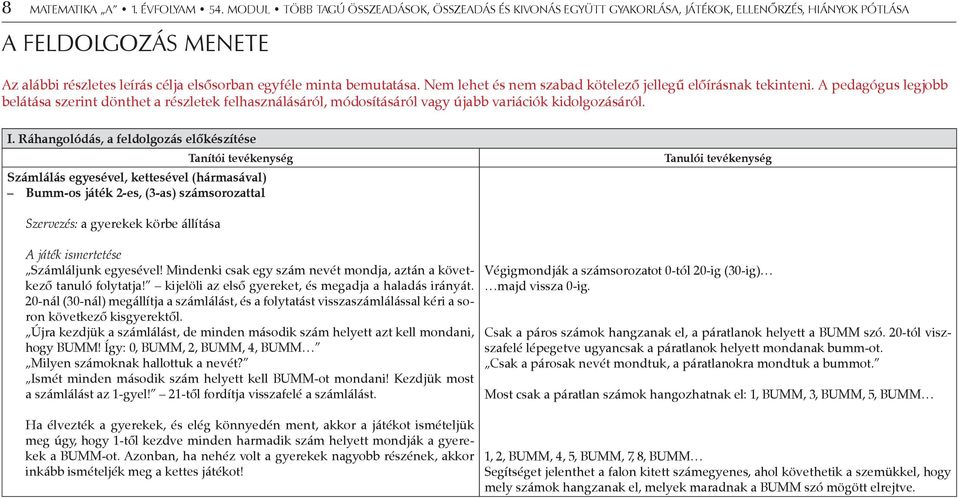 Nem lehet és nem szabad kötelező jellegű előírásnak tekinteni. A pedagógus legjobb belátása szerint dönthet a részletek felhasználásáról, módosításáról vagy újabb variációk kidolgozásáról. I.