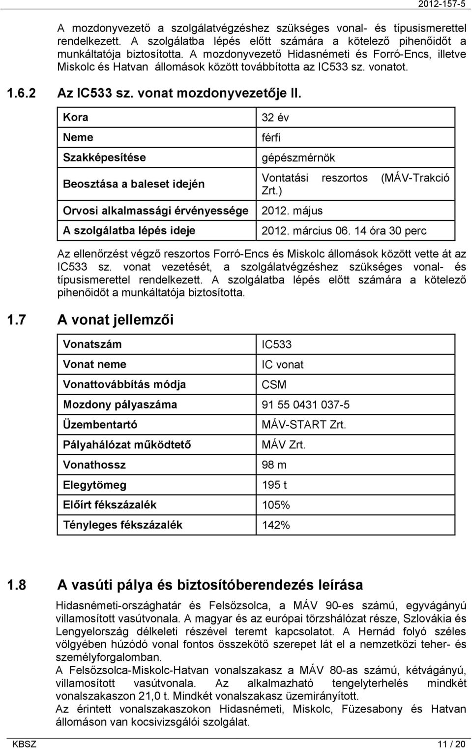 Kora Neme Szakképesítése Beosztása a baleset idején Orvosi alkalmassági érvényessége A szolgálatba lépés ideje 32 év férfi gépészmérnök Vontatási reszortos (MÁV-Trakció Zrt.) 2012. május 2012.