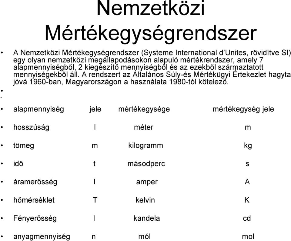 A rendszert az Általános Súly-és Mértékügyi Értekezlet hagyta jóvá 1960-ban, Magyarországon a használata 1980-tól kötelező.