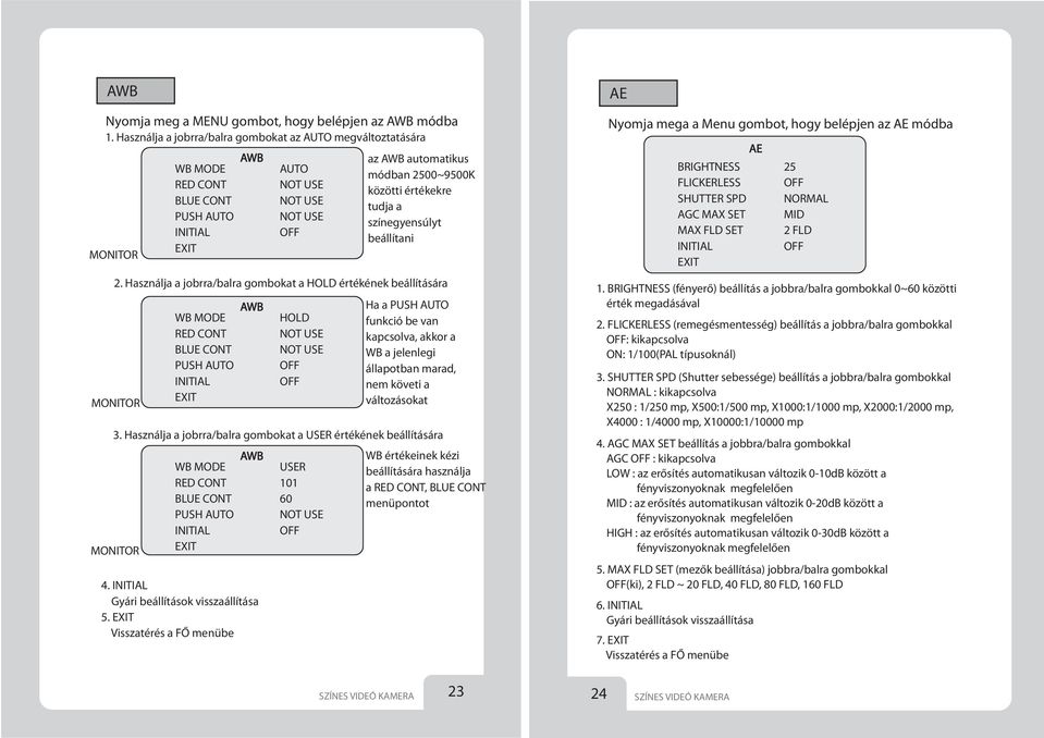 NOT USE az AWB automatikus módban 2500~9500K közötti értékekre tudja a színegyensúlyt beállítani 2.