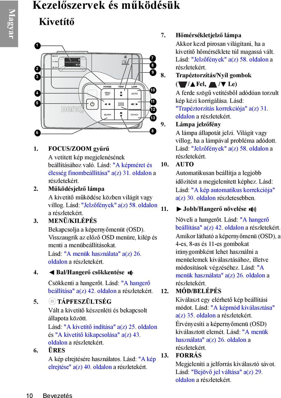 Lásd: "A menük használata" a(z) 26. oldalon a részletekért. 4. Bal/Hangerő csökkentése Csökkenti a hangerőt. Lásd: "A hangerő beállítása" a(z) 42. oldalon a részletekért. 5.