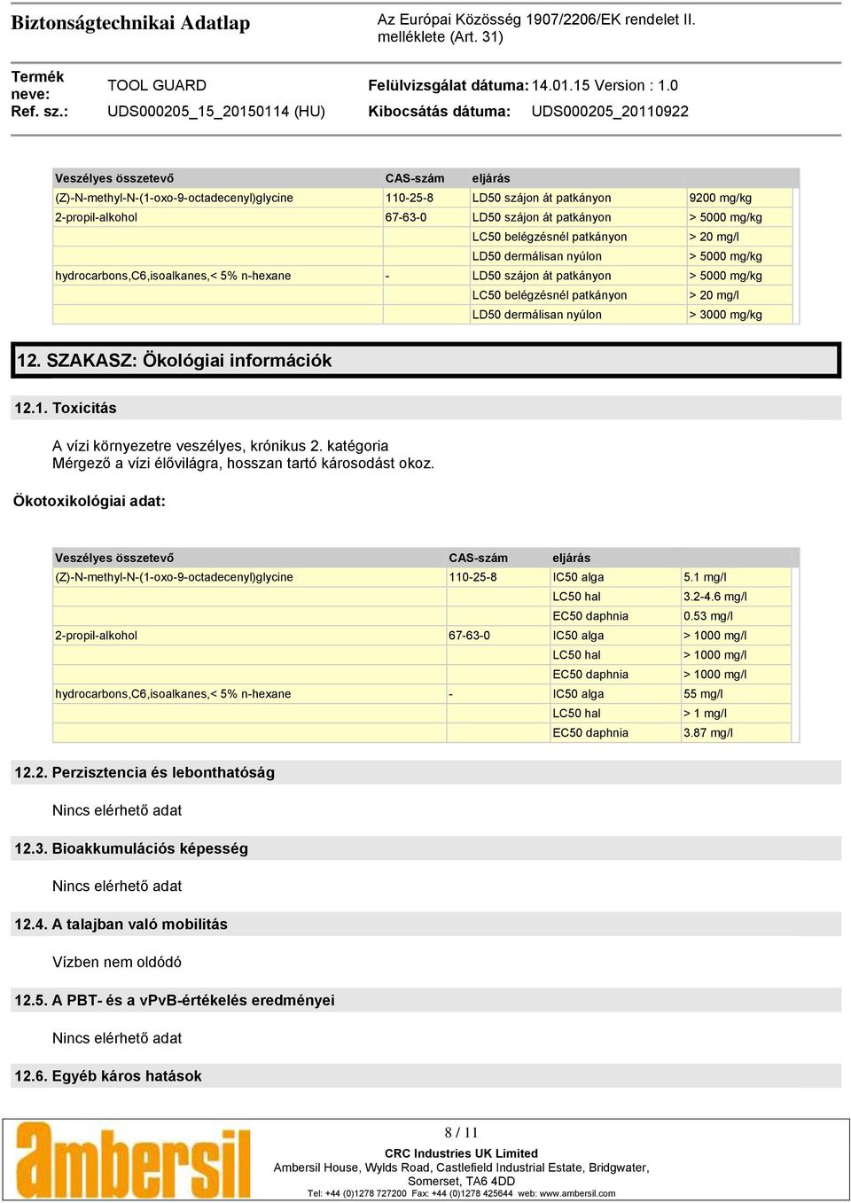 dermálisan nyúlon > 3000 mg/kg 12. SZAKASZ: Ökológiai információk 12.1. Toxicitás A vízi környezetre veszélyes, krónikus 2. katégoria Mérgező a vízi élővilágra, hosszan tartó károsodást okoz.