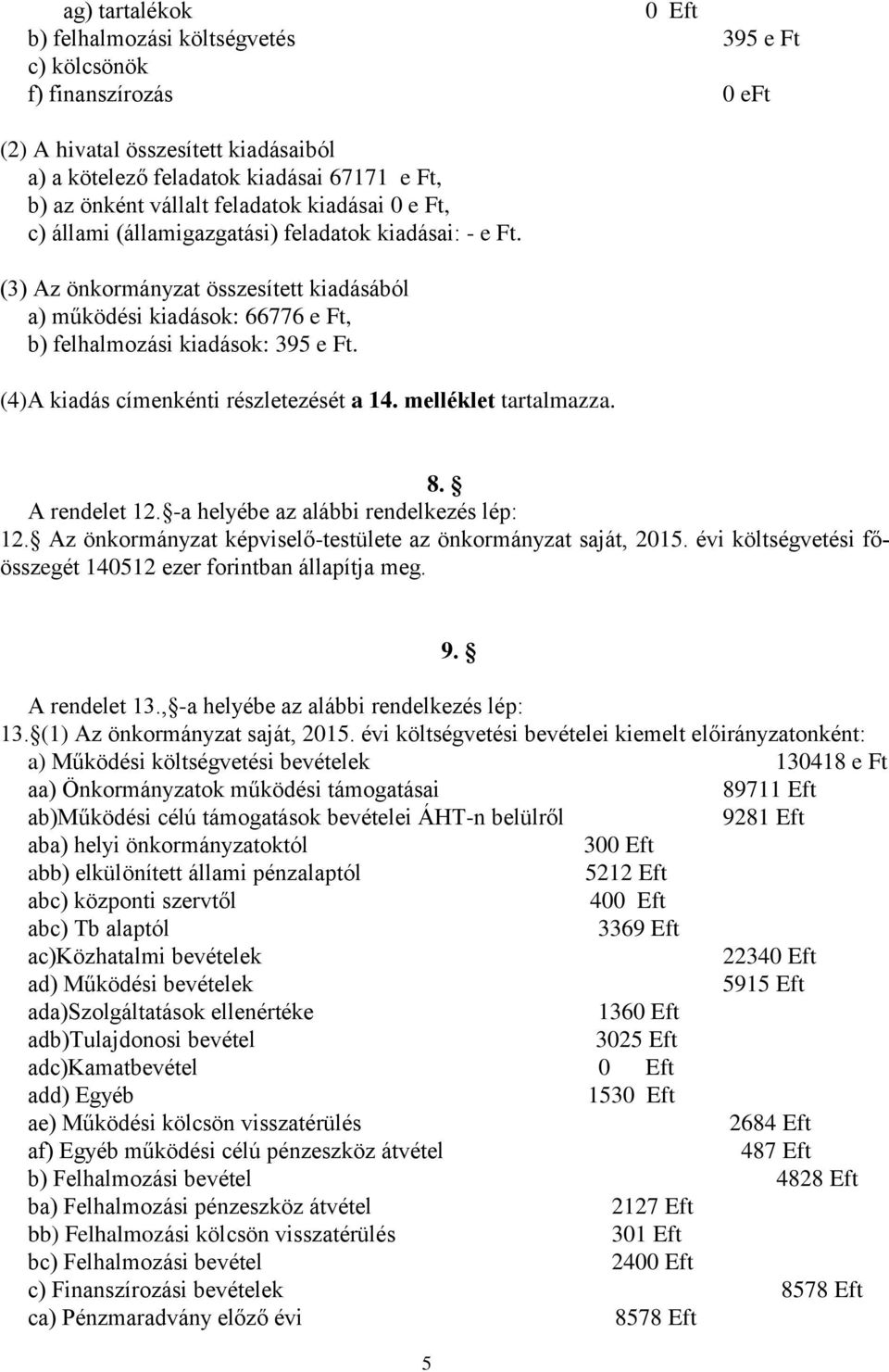 (4)A kiadás címenkénti részletezését a 14. melléklet tartalmazza. 8. A rendelet 12. -a helyébe az alábbi rendelkezés lép: 12. Az önkormányzat képviselő-testülete az önkormányzat saját, 2015.