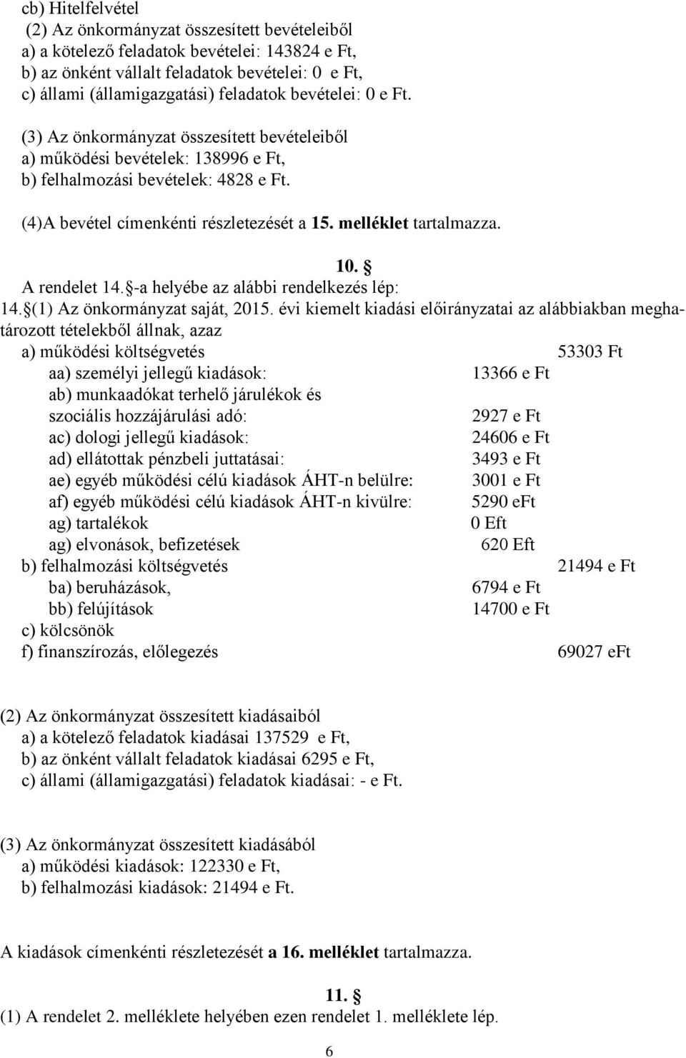 melléklet tartalmazza. 10. A rendelet 14. -a helyébe az alábbi rendelkezés lép: 14. (1) Az önkormányzat saját, 2015.