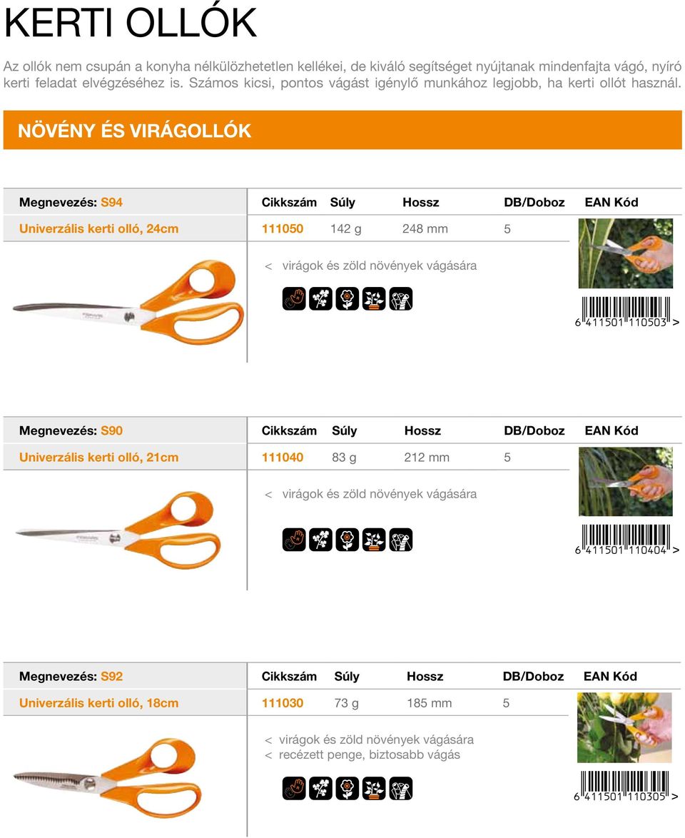 NÖVÉNY ÉS VIRÁGOLLÓK Megnevezés: S94 Cikkszám Súly Hossz DB/Doboz EAN Kód Univerzális kerti olló, 24cm 111050 142 g 248 mm 5 < virágok és zöld növények vágására Megnevezés: