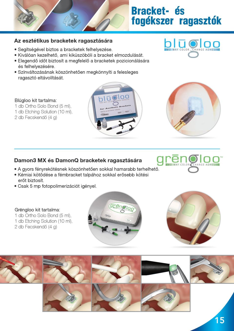 Blugloo kit tartalma: 1 db Ortho Solo Bond (5 ml), 1 db Etching Solution (10 ml), 2 db Fecskendő (4 g) Damon3 MX és DamonQ bracketek ragasztására A gyors fényrekötésnek köszönhetően sokkal