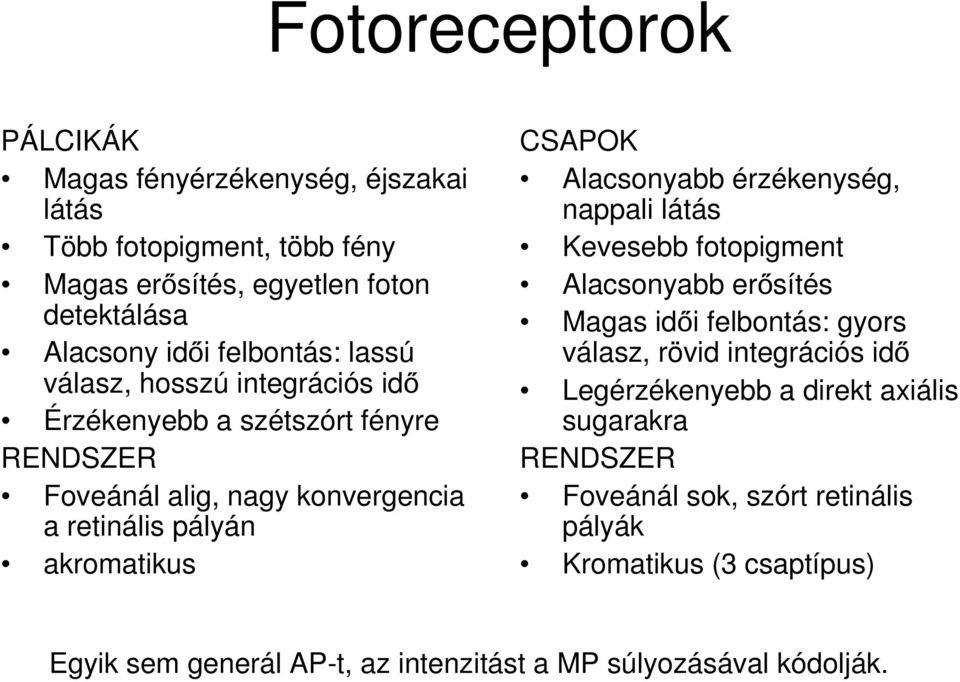 CSAPOK Alacsonyabb érzékenység, nappali látás Kevesebb fotopigment Alacsonyabb erősítés Magas idői felbontás: gyors válasz, rövid integrációs idő