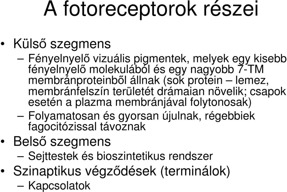 drámaian növelik; csapok esetén a plazma membránjával folytonosak) Folyamatosan és gyorsan újulnak, régebbiek