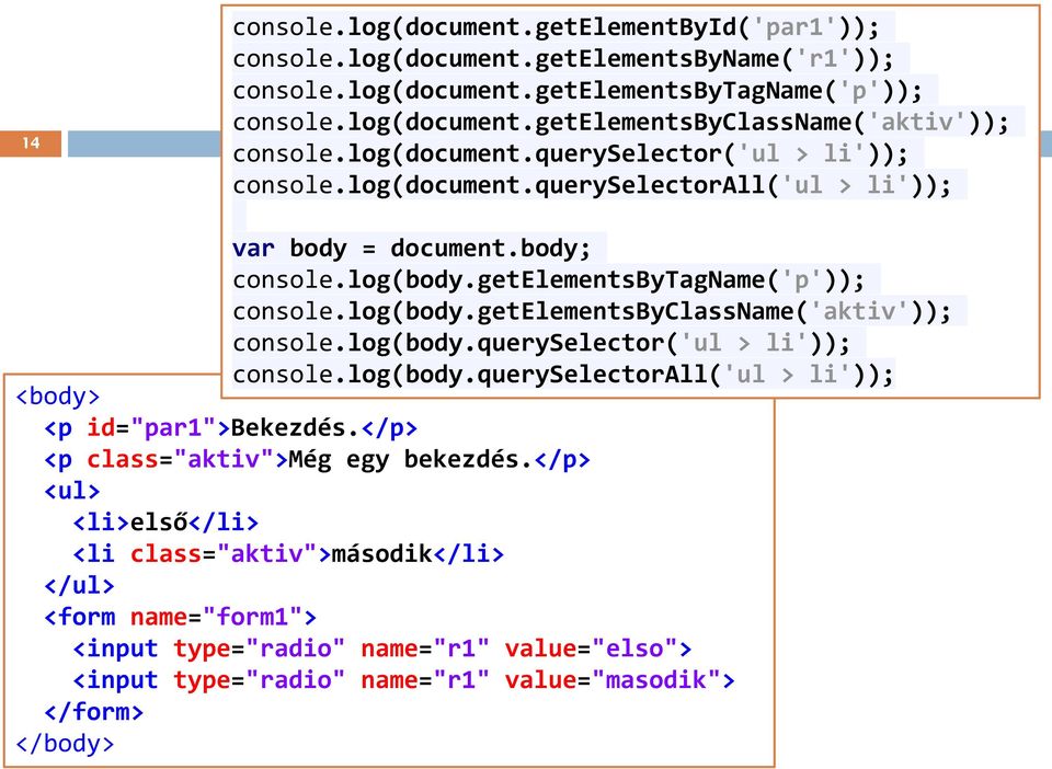 log(body.queryselector('ul > li')); console.log(body.queryselectorall('ul > li')); <body> <p id="par1">bekezdés.</p> <p class="aktiv">még egy bekezdés.