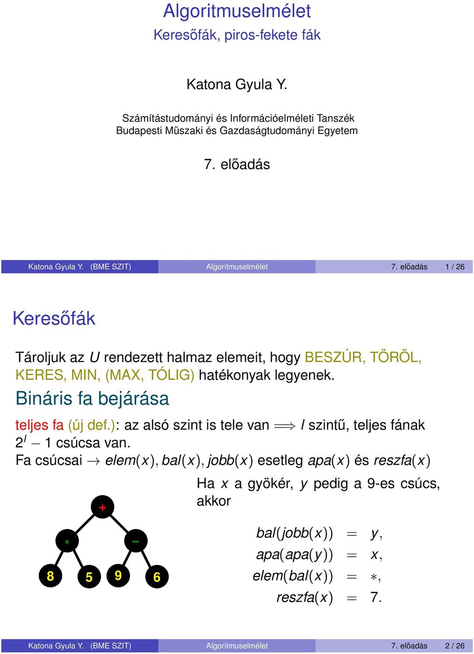 előadás / Keresőfák Tároljuk a U rendee halma elemei, hog BESZÚR, TÖRÖL, KERES, MIN, (MAX, TÓLIG) haékonak legenek.