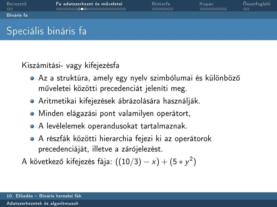 Minden elágazási pont valamilyen operátort, A levélelemek operandusokat tartalmaznak.