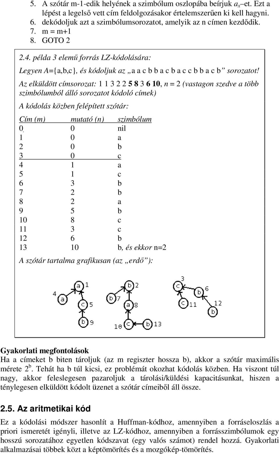 Az elküldött címsorozat: 3 5 8 3 6, n = vastagon szedve a több szimbólumból álló sorozatot kódoló címek A kódolás közben felépített szótár: Cím m mutató n 3 4 5 6 3 7 8 9 5 8 3 6 3 szimbólum nil a b