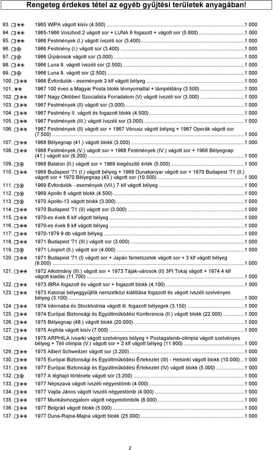 ..1 000 99. 1966 Luna 9. vágott sor (2.500)...1 000 100. 1966 Évfordulók - események 3 klf vágott bélyeg...1 000 101. 1967 100 éves a Magyar Posta blokk tévnyomattal + támpéldány (3.500)...1 000 102.