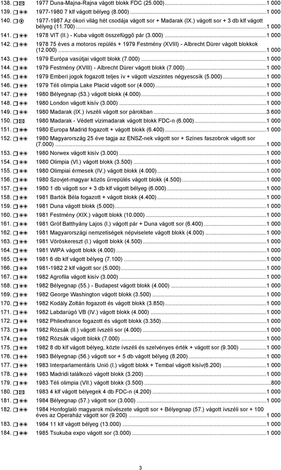 1978 75 éves a motoros repülés + 1979 Festmény (XVIII) - Albrecht Dürer vágott blokkok (12.000)...1 000 143. 1979 Európa vasútjai vágott blokk (7.000)...1 000 144.