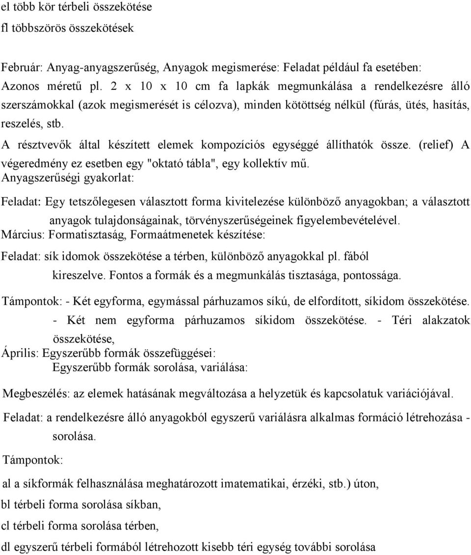 A résztvevők által készített elemek kompozíciós egységgé állíthatók össze. (relief) A végeredmény ez esetben egy "oktató tábla", egy kollektív mű.