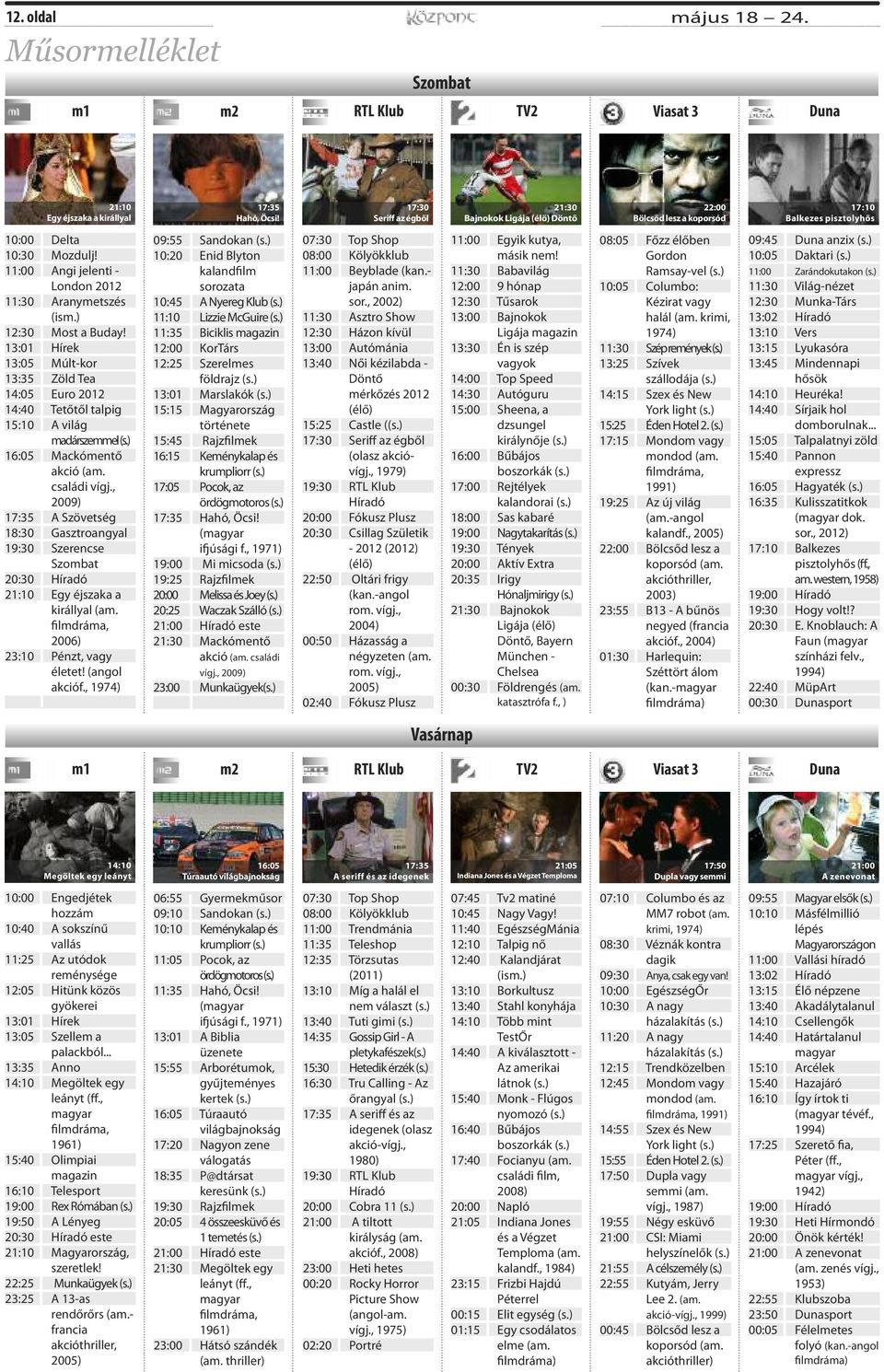 11:00 Angi jelenti - London 2012 11:30 Aranymetszés 12:30 Most a Buday! 13:01 Hírek 13:05 Múlt-kor 13:35 Zöld Tea 14:05 Euro 2012 14:40 Tetőtől talpig 15:10 A világ madárszemmel (s.