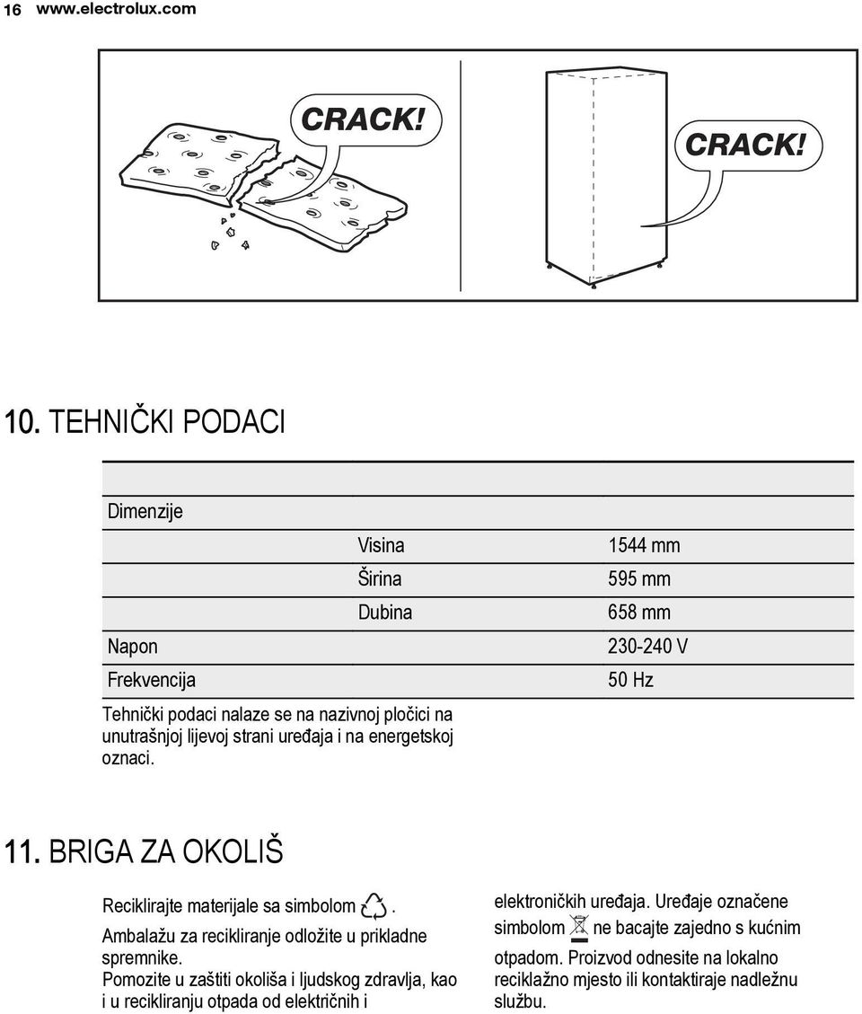 unutrašnjoj lijevoj strani uređaja i na energetskoj oznaci. 11. BRIGA ZA OKOLIŠ Reciklirajte materijale sa simbolom.