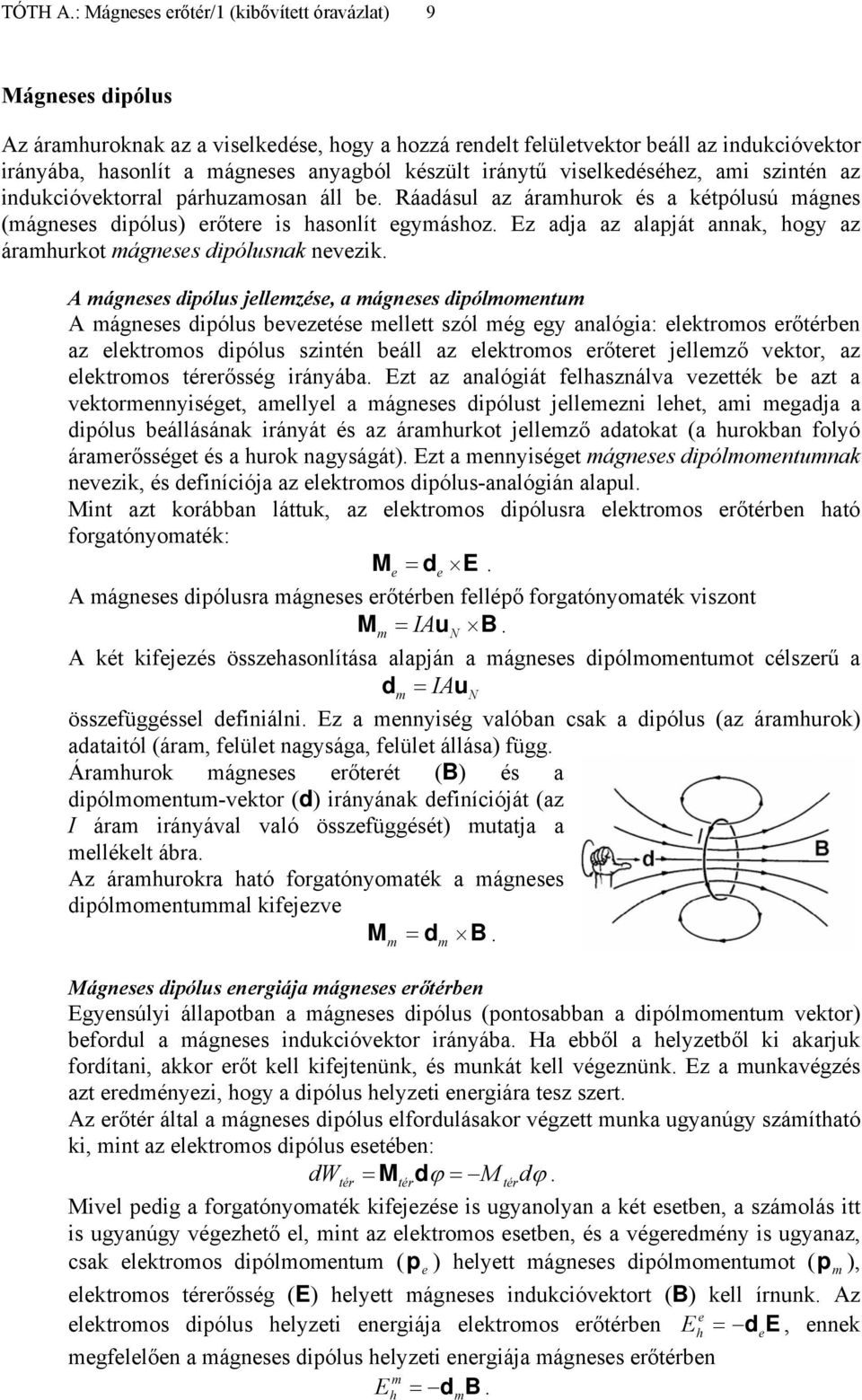 iránytű viselkedéséhez, ai szintén az indukcióvektorral párhuzaosan áll be. Ráadásul az árahurok és a kétpólusú ágnes (ágneses dipólus) erőtere is hasonlít egyáshoz.