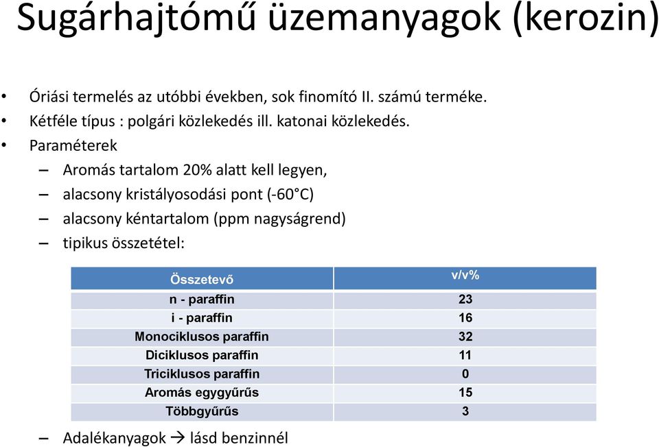 Paraméterek Aromás tartalom 20% alatt kell legyen, alacsony kristályosodási pont (-60 C) alacsony kéntartalom (ppm