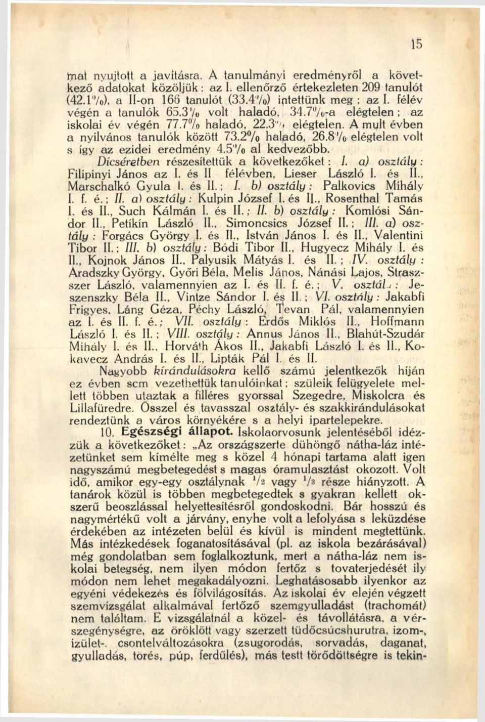 87o elégtelen volt s így az ezidei eredmény 4.5"/o al kedvezőbb. Dicséretben részesítettük a következőket: I. a) osztály : Filipinyi János az I. és II félévben, Lieser László I. és II., Marschalkó Gyula I.