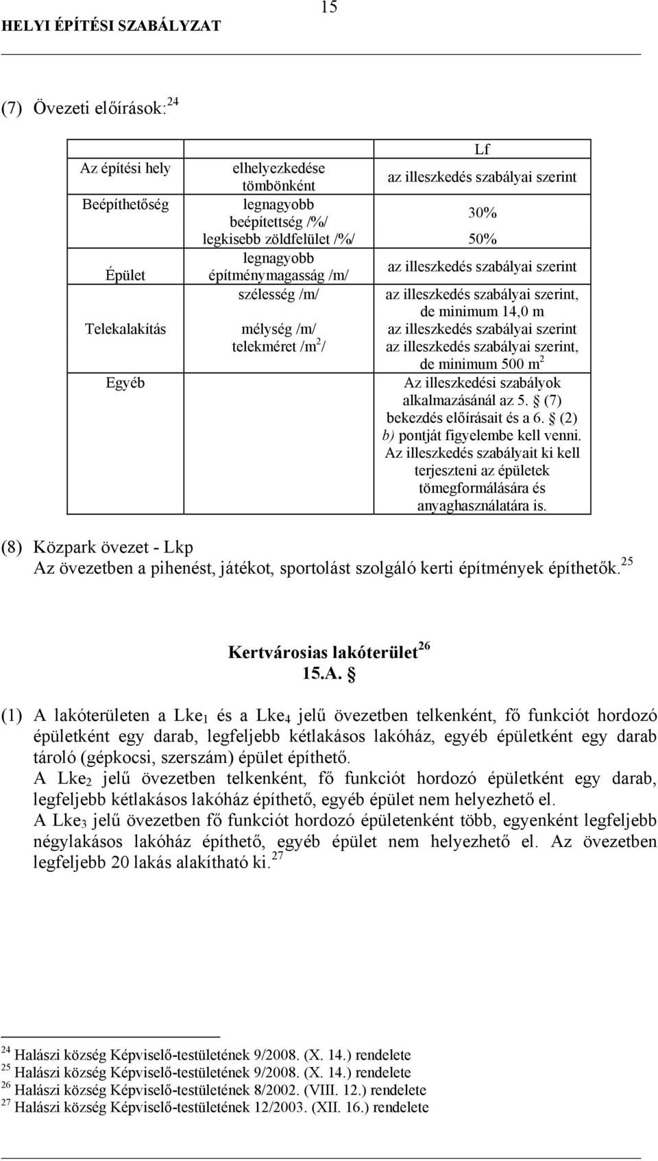 2 / az illeszkedés szabályai szerint, de minimum 500 m 2 Egyéb Az illeszkedési szabályok alkalmazásánál az 5. (7) bekezdés előírásait és a 6. (2) b) pontját figyelembe kell venni.