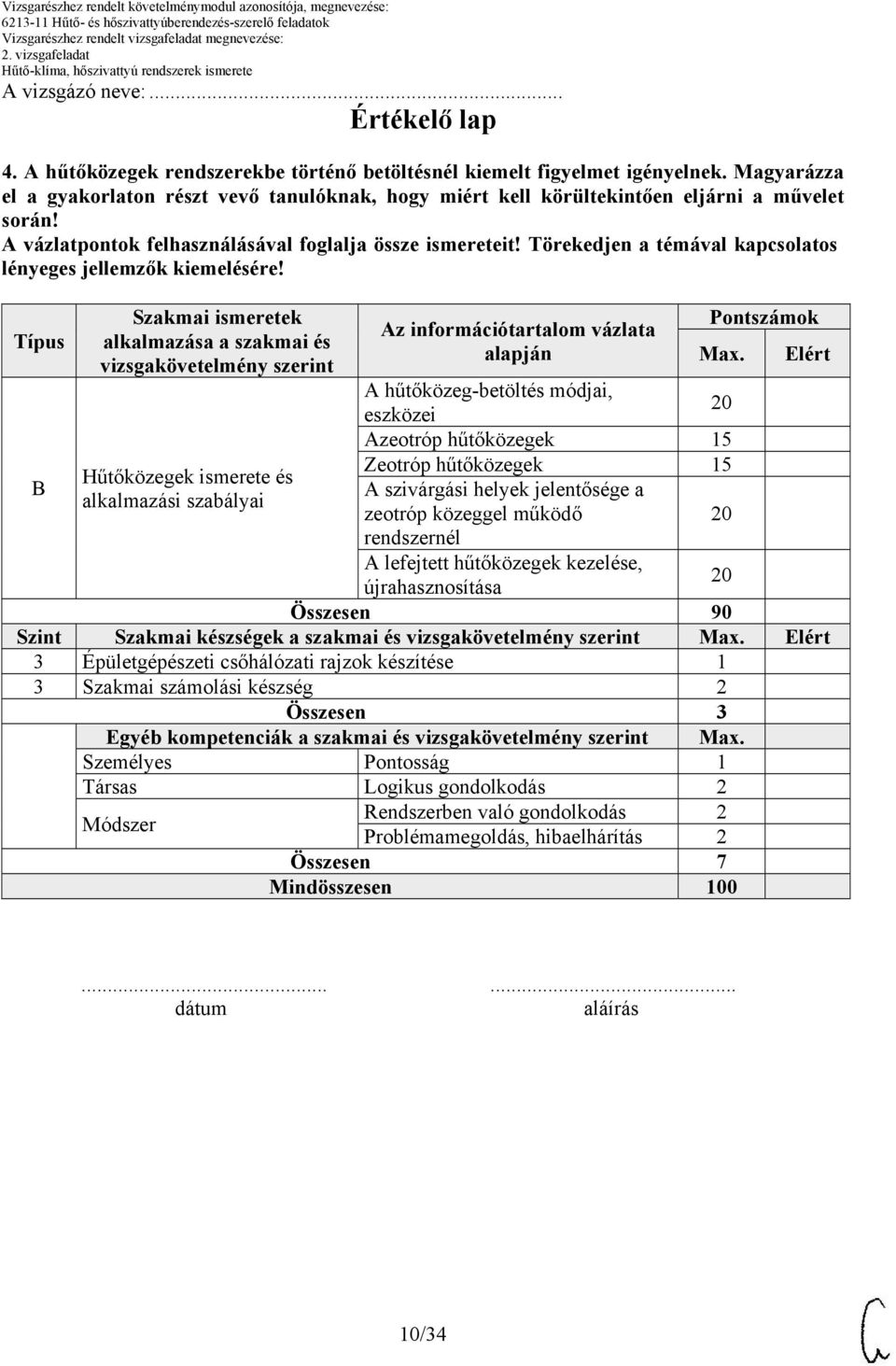 Típus B Szakmai ismeretek alkalmazása a szakmai és vizsgakövetelmény szerint Hűtőközegek ismerete és alkalmazási szabályai Az információtartalom vázlata alapján Pontszámok Max.