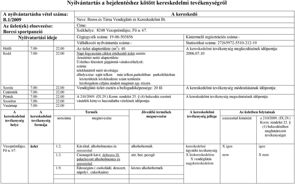 kereskedő Nyitvatartási ideje Cégjegyzék száma: 19-06-503856 Kistermelő regisztrációs száma:- Vállalkozói nyilvántartás száma:- Statisztikai száma: 27265972-5510-212-19 Hétfő 7.00-22.