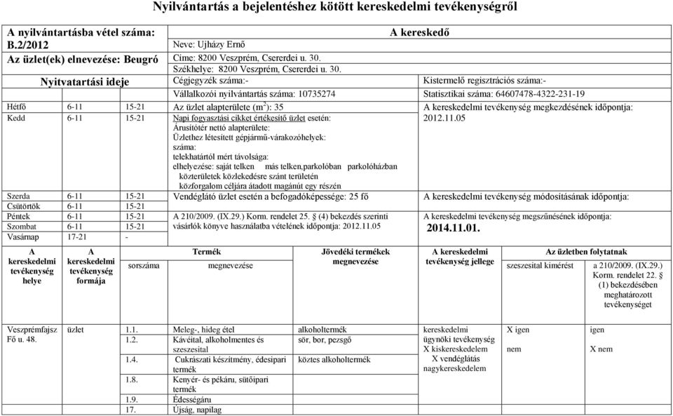 Nyitvatartási ideje Cégjegyzék száma:- Kistermelő regisztrációs száma:- Vállalkozói nyilvántartás száma: 10735274 Statisztikai száma: 64607478-4322-231-19 Hétfő 6-11 15-21 z üzlet alapterülete (m 2