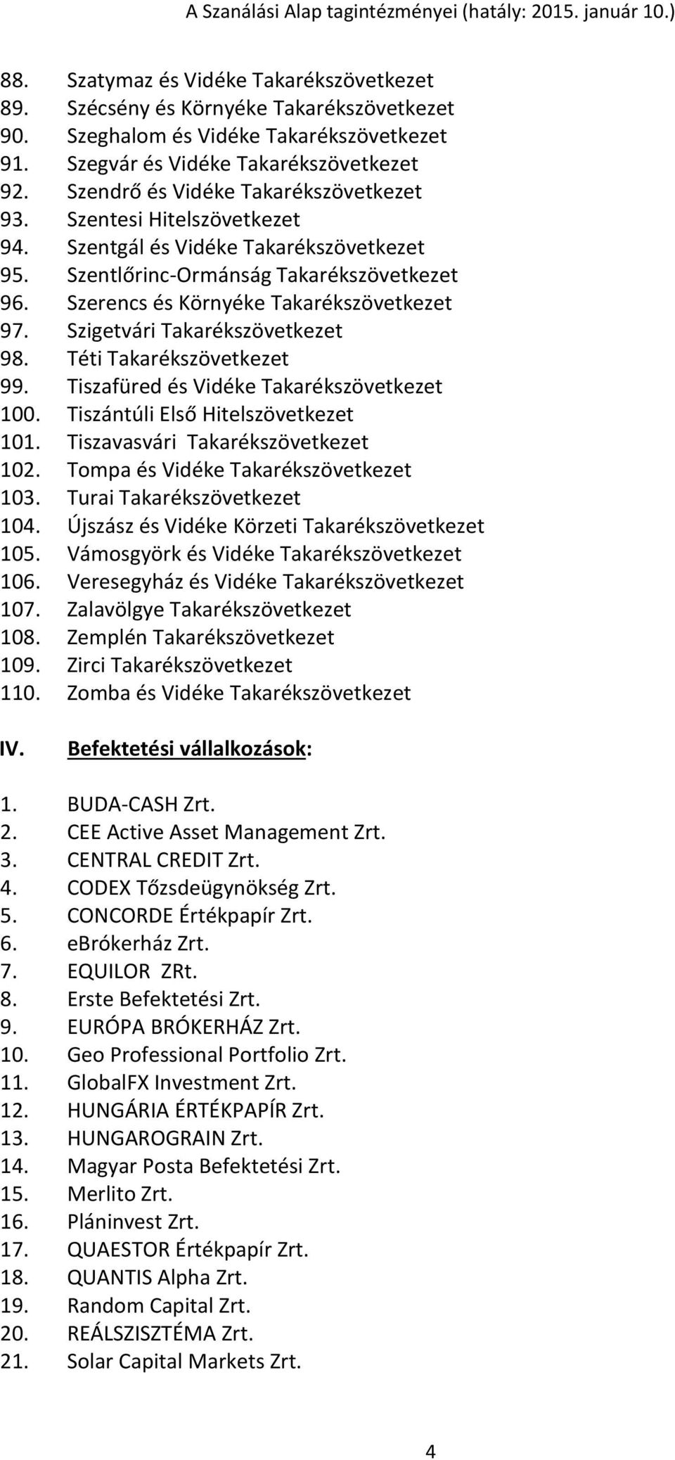 Szigetvári Takarékszövetkezet 98. Téti Takarékszövetkezet 99. Tiszafüred és Vidéke Takarékszövetkezet 100. Tiszántúli Első Hitelszövetkezet 101. Tiszavasvári Takarékszövetkezet 102.