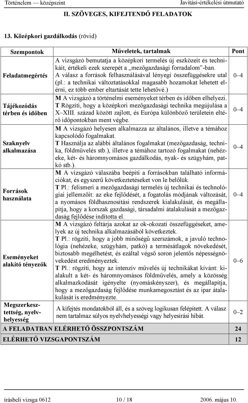 Feladatmegértés A válasz a források felhasználásával lényegi összefüggésekre utal (pl.: a technikai változtatásokkal magasabb hozamokat lehetett elérni, ez több ember eltartását tette lehetővé.