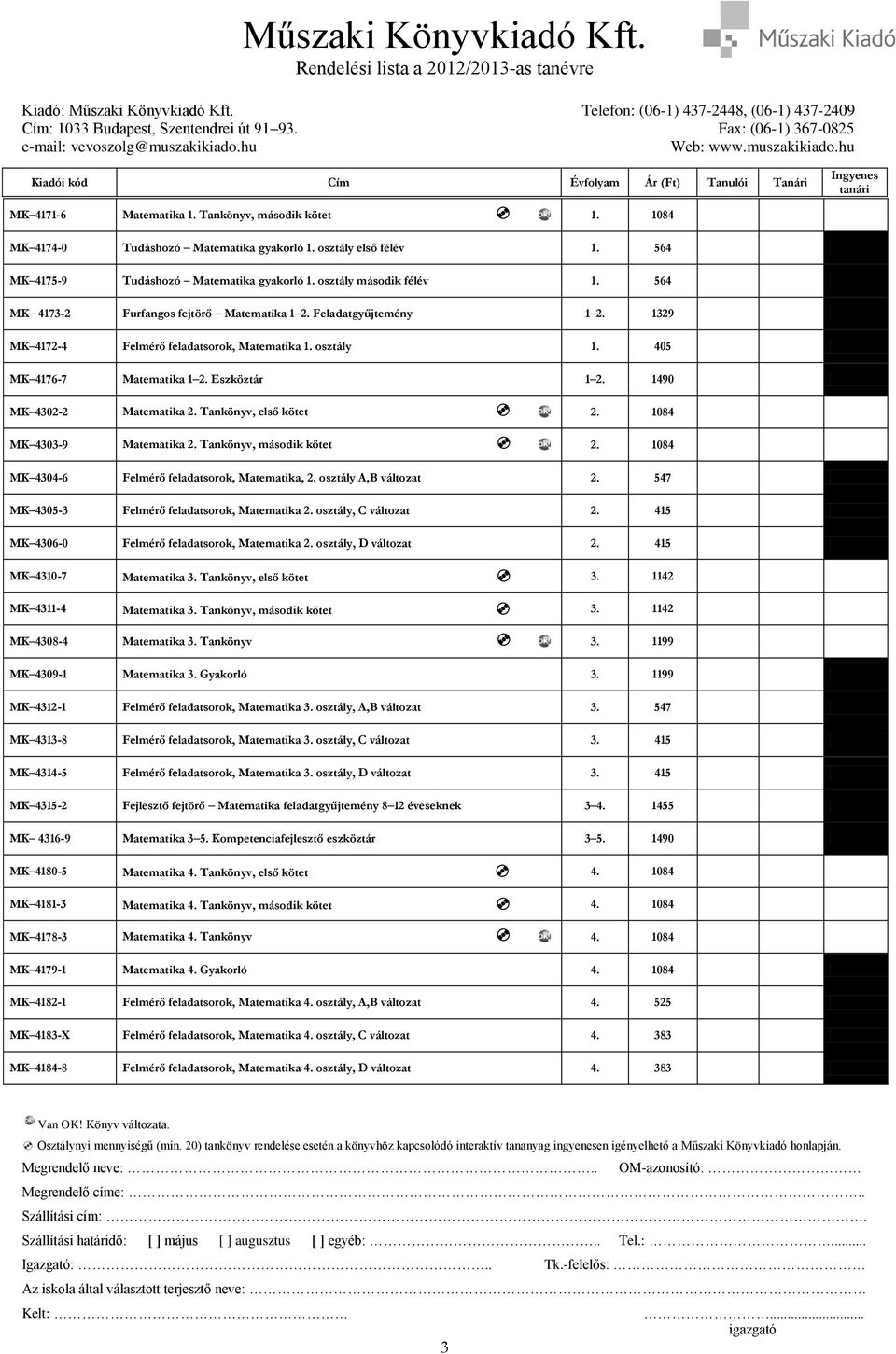 1490 MK 4302-2 Matematika 2. Tankönyv, első kötet 2. 1084 MK 4303-9 Matematika 2. Tankönyv, második kötet 2. 1084 MK 4304-6 Felmérő feladatsorok, Matematika, 2. osztály A,B változat 2.