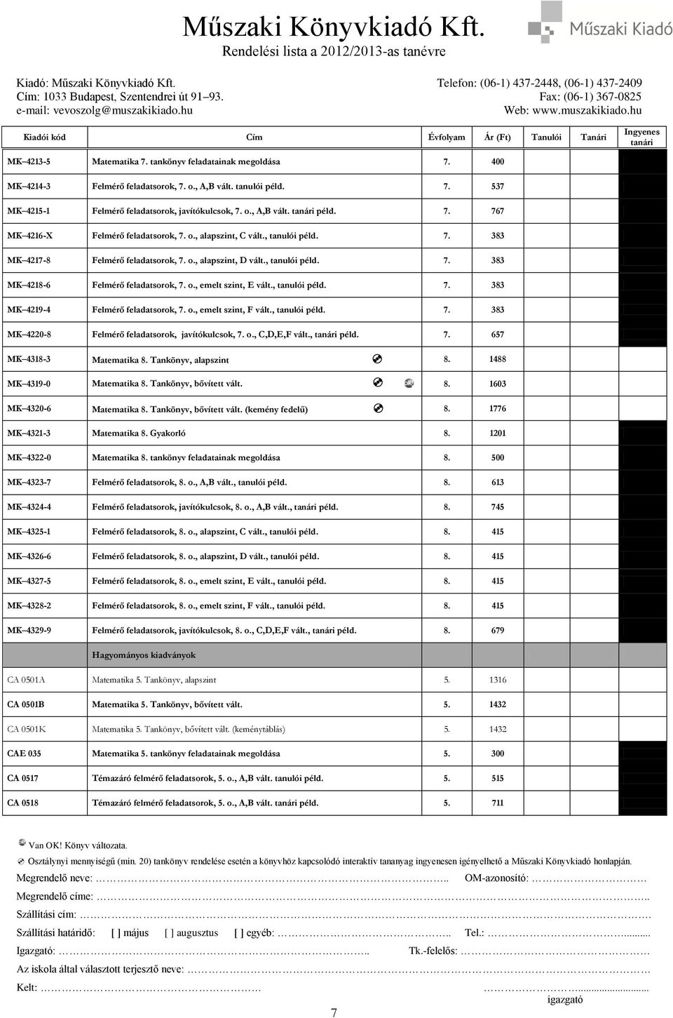 o., emelt szint, F vált., tanulói péld. 7. 383 MK 4220-8 Felmérő feladatsorok, javítókulcsok, 7. o., C,D,E,F vált., péld. 7. 657 MK 4318-3 Matematika 8. Tankönyv, alapszint 8.