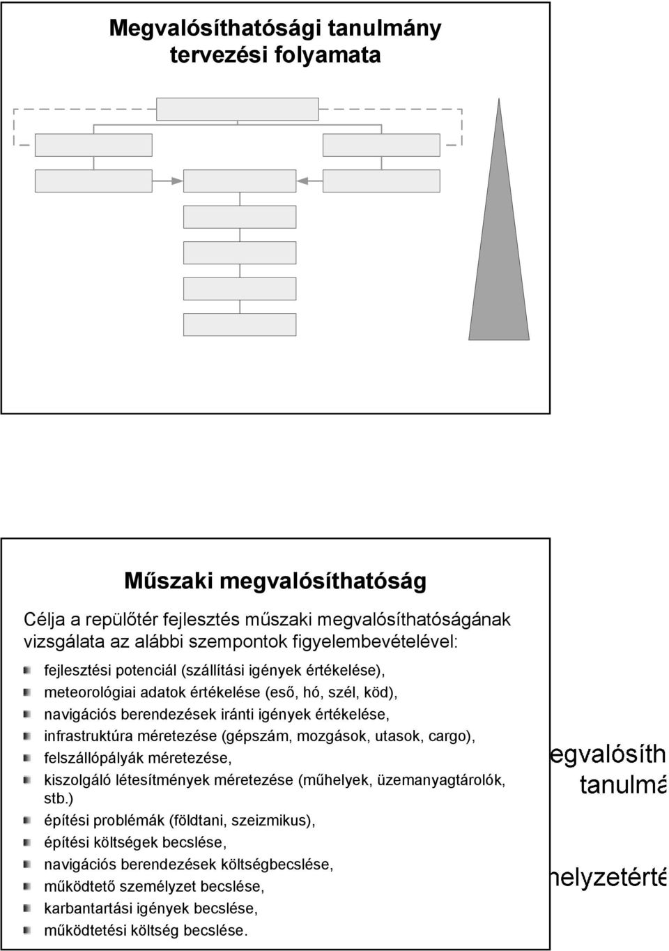 értékelése, infrastruktúra méretezése (gépszám, mozgások, utasok, cargo), felszállópályák méretezése, kiszolgáló létesítmények méretezése (műhelyek, üzemanyagtárolók, stb.