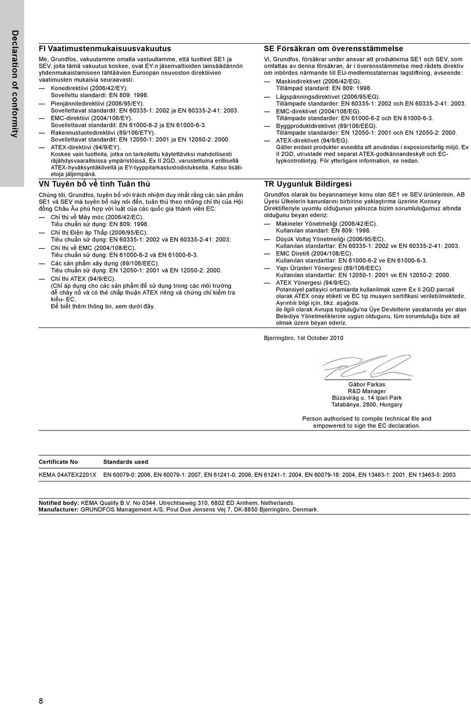 Sovellettavat standardit: EN 60335-1: 2002 ja EN 60335-2-41: 2003. EMC-direktiivi (2004/108/EY). Sovellettavat standardit: EN 61000-6-2 ja EN 61000-6-3. Rakennustuotedirektiivi (89/106/ETY).