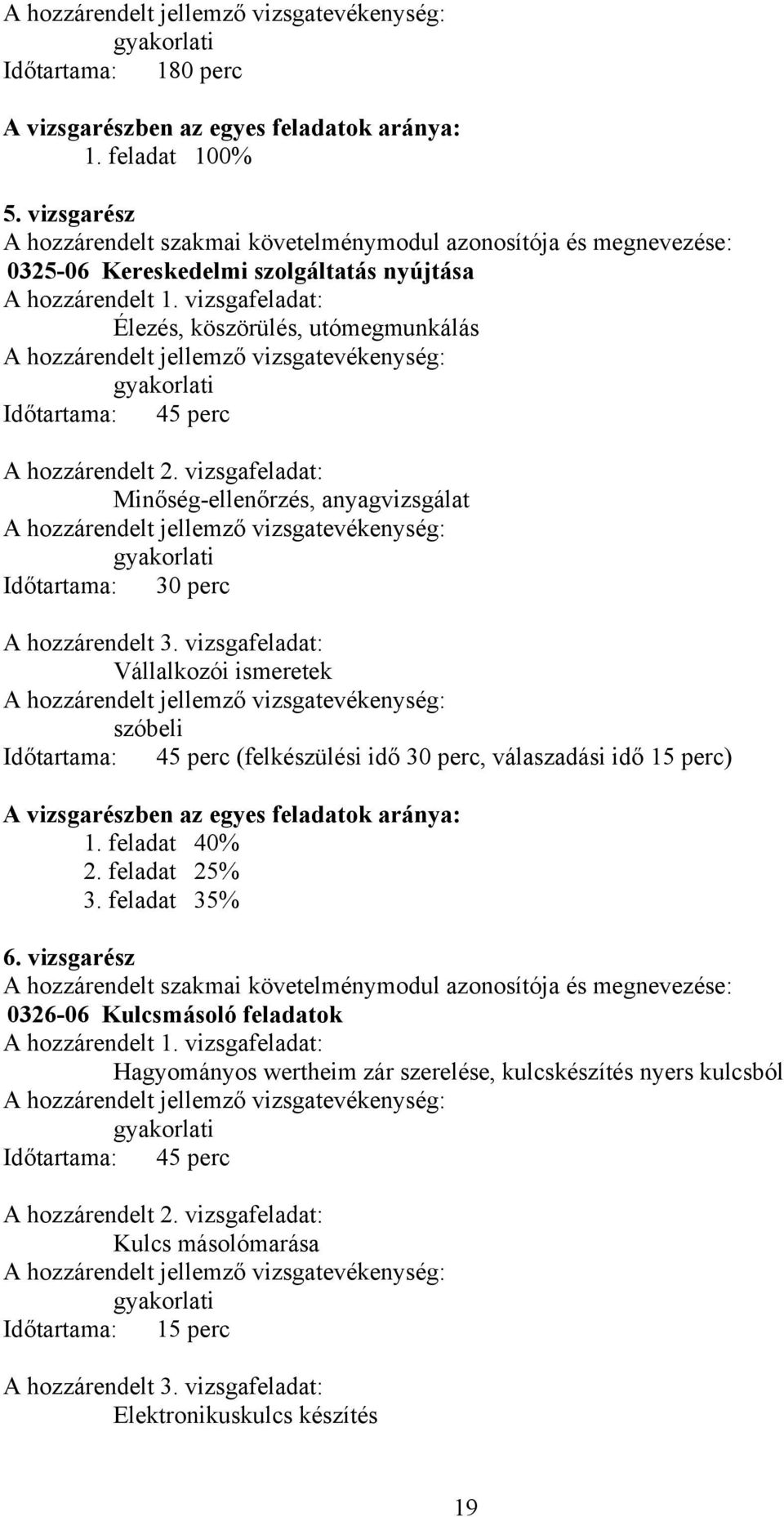 vizsgafeladat: Élezés, köszörülés, utómegmunkálás gyakorlati Időtartama: 45 perc A hozzárendelt 2. vizsgafeladat: Minőség-ellenőrzés, anyagvizsgálat gyakorlati Időtartama: 30 perc A hozzárendelt 3.