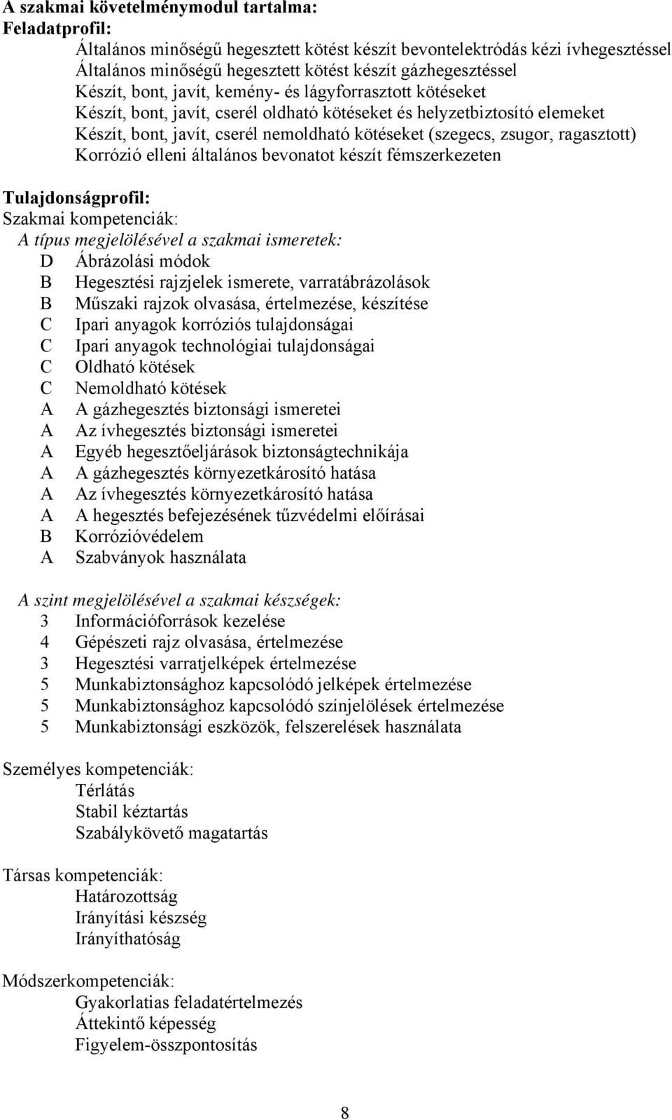 ragasztott) Korrózió elleni általános bevonatot készít fémszerkezeten Tulajdonságprofil: Szakmai kompetenciák: A típus megjelölésével a szakmai ismeretek: D Ábrázolási módok Hegesztési rajzjelek