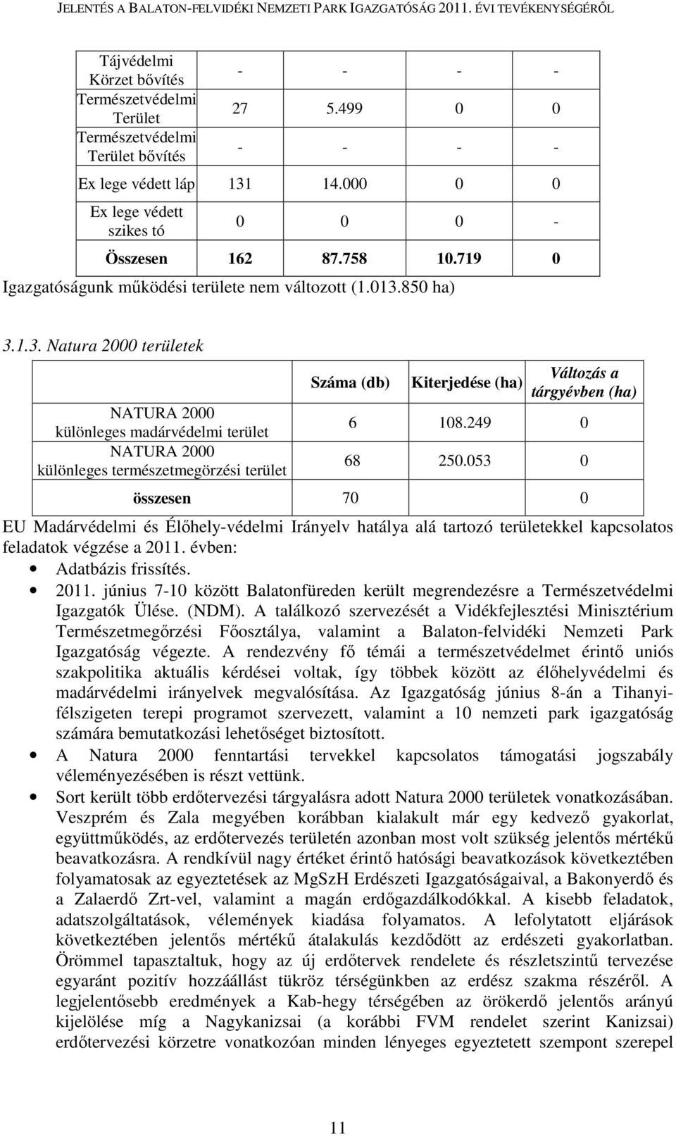 850 ha) 3.1.3. Natura 2000 területek NATURA 2000 különleges madárvédelmi terület NATURA 2000 különleges természetmegörzési terület Száma (db) Kiterjedése (ha) Változás a tárgyévben (ha) 6 108.