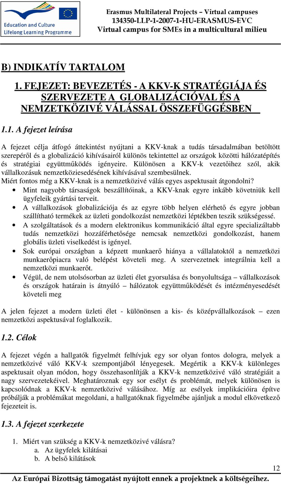 1. A fejezet leírása A fejezet célja átfogó áttekintést nyújtani a KKV-knak a tudás társadalmában betöltött szerepérıl és a globalizáció kihívásairól különös tekintettel az országok közötti