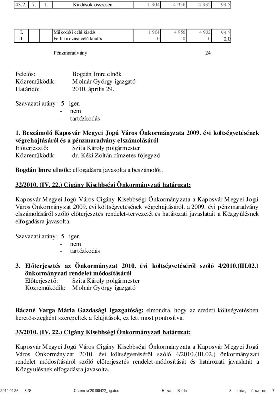 Beszámoló Kaposvár Megyei Jogú Város Önkormányzata 2009. évi költségvetésének végrehajtásáról és a pénzmaradvány elszámolásáról Közreműködik: dr.