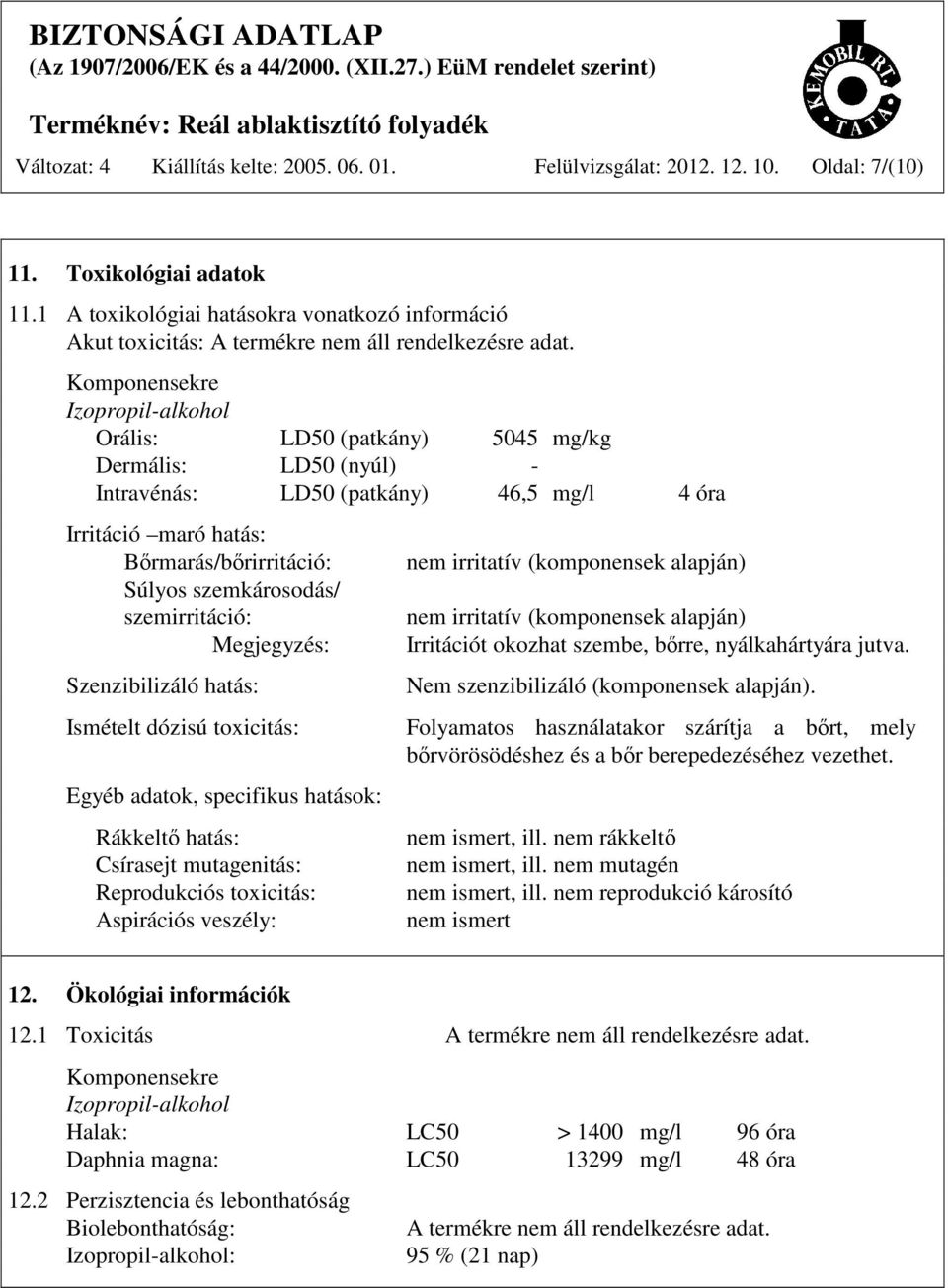 Komponensekre Izopropil-alkohol Orális: LD50 (patkány) 5045 mg/kg Dermális: LD50 (nyúl) - Intravénás: LD50 (patkány) 46,5 mg/l 4 óra Irritáció maró hatás: Bőrmarás/bőrirritáció: Súlyos szemkárosodás/